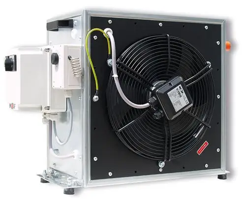 Luftheizer von Wolf mit einem großen Ventilator, Thermostat und elektrischen Anschlüssen, montiert in einem stabilen Gehäuse.